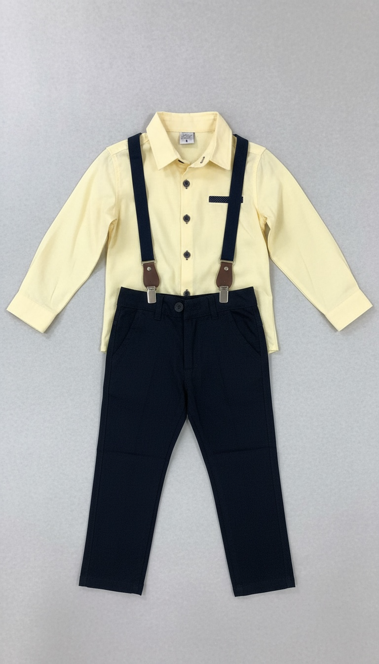 Boys Suspender Formal Outfit Set. Boys' shirts, pants, bowtie, and a suspender