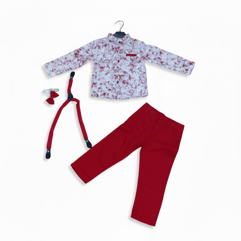 Boys Suspender Formal Outfit Set. Boys' shirts, pants, bowtie, and a suspender
