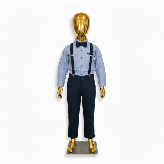 Boys Suspender Formal Outfit Set. Boys' shirts, pants, bowtie, and a suspender